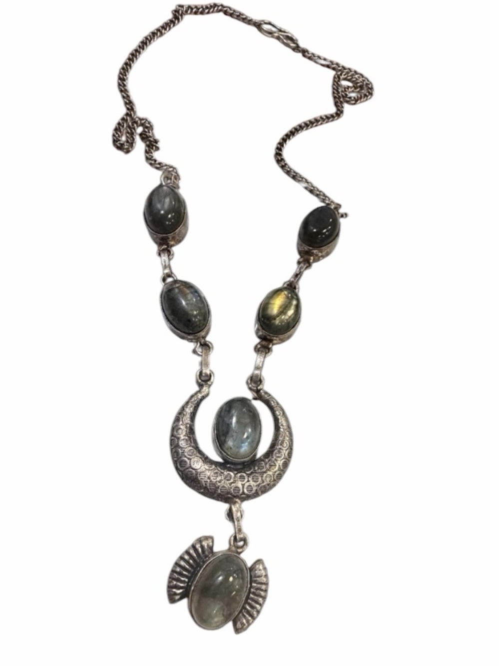 Vintage Taxco Mexico Sterling Silver Natural Labradorite Bohemian Statement Neck - Picture 5 of 16